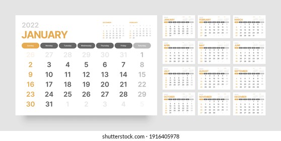Monthly calendar template for 2022 year. Week Starts on Sunday. Wall calendar in a minimalist style.