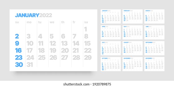 Monthly calendar template for 2022 year. Week Starts on Sunday. Wall calendar in a minimalist style.