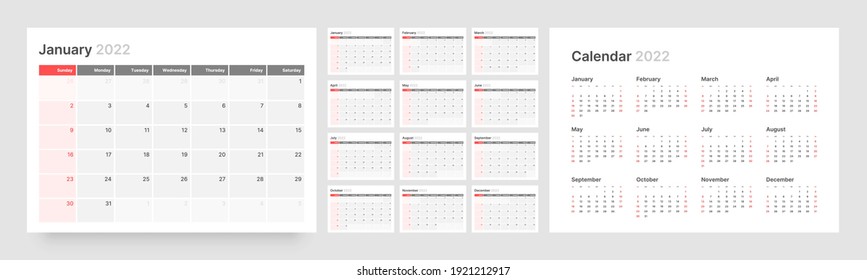 Monthly calendar template for 2022 year. Week Starts on Sunday. Wall calendar in a minimalist style. - Shutterstock ID 1921212917