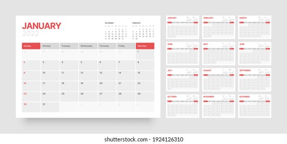 Monthly calendar template for 2022 year. Week Starts on Sunday. Wall calendar in a minimalist style.