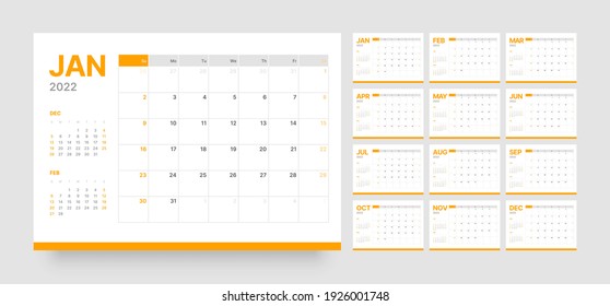 Шаблон ежемесячного календаря на 2022 год. Неделя начинается в воскресенье. Настенный календарь в минималистическом стиле.