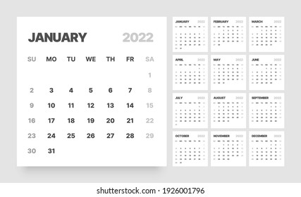 Modelo de calendario mensual para 2022 año. La semana empieza el domingo. Calendario del escritorio de estilo minimalista. Forma cuadrada.