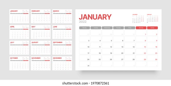 Monthly calendar template for 2022 year. Wall calendar in a minimalist style. Monday is the first day of the week.