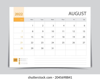 Monthly calendar template for 2022 year, August design, Planner, Desk calendar 2022 design, Week Starts on Sunday, Wall calendar design in a minimalist style, printing media, vector eps10