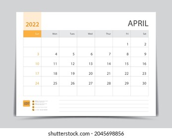 Monthly calendar template for 2022 year, April design, Planner, Desk calendar 2022 design, Week Starts on Sunday, Wall calendar design in a minimalist style, printing media, vector eps10