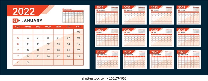 Monthly calendar template for 2022 year. Week starts on Sunday. Wall calendar