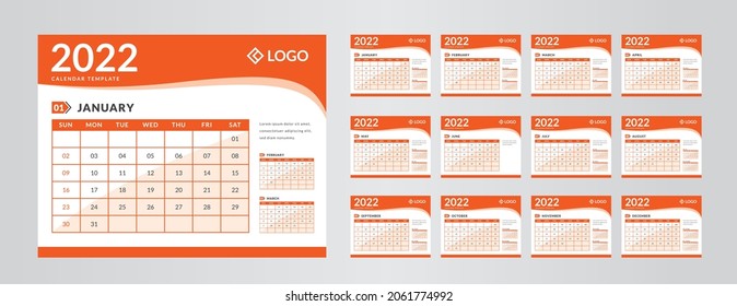 Monthly calendar template for 2022 year. Week starts on Sunday. Wall calendar