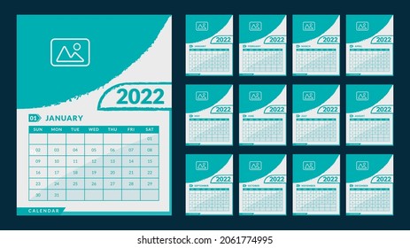 Monthly calendar template for 2022 year. Week starts on Sunday. Wall calendar