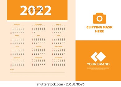Monthly calendar template for 2022 year. Week Starts on Sunday. Wall calendar in a minimalist style.