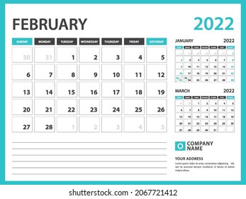 Monthly calendar template for 2022 year. February 2022  year, Week Starts on Sunday, Desk calendar 2022 design, Wall calendar, planner design, stationery, printing media, advertisement, vector