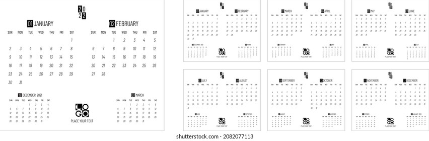 Monthly calendar template for 2022 year. Week Starts on Sunday. Minimalist style. Vector illustration.