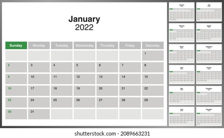 Monthly calendar template for 2022 year. Week Starts on Sunday. Calendar in a minimalist style. Green accent weekend.