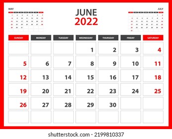 Monthly calendar template for 2022 year - June 2022  year, Week Starts on Sunday, Desk calendar 2022 design, Wall calendar, planner design, stationery, printing media, red background, vector