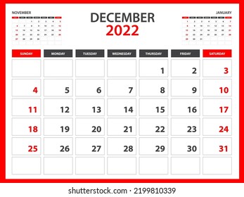 Monthly calendar template for 2022 year - December 2022  year, Week Starts on Sunday, Desk calendar 2022 design, Wall calendar, planner design, stationery, printing media, red background, vector