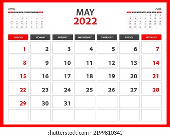 Monthly calendar template for 2022 year - May 2022  year, Week Starts on Sunday, Desk calendar 2022 design, Wall calendar, planner design, stationery, printing media, red background, vector