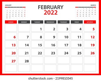 Monthly calendar template for 2022 year - February 2022  year, Week Starts on Sunday, Desk calendar 2022 design, Wall calendar, planner design, stationery, printing media, red background, vector
