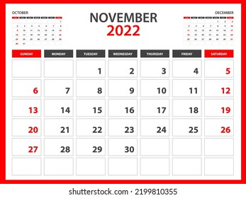 Monatliche Kalendervorlage für das Jahr 2022 - November 2022 Jahr, Woche beginnt am Sonntag, Desk Kalender 2022 Design, Wall Kalender, Planer-Design, Schreibwaren, Druckmedien, roter Hintergrund, Vektorgrafik