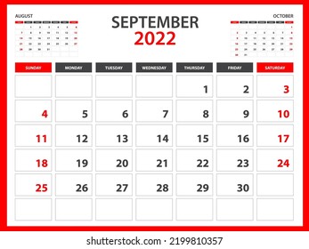 Monthly calendar template for 2022 year - September 2022  year, Week Starts on Sunday, Desk calendar 2022 design, Wall calendar, planner design, stationery, printing media, red background, vector