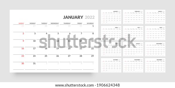 Monthly Calendar Template 2022 Year Week Stock Vector Royalty Free 1906624348 9987