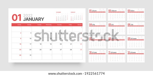 Monthly Calendar Template 2022 Year Week Stock Vector (Royalty Free ...