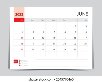 Monthly calendar template for 2023 year, June design, Planner, Desk calendar 2023 design, Week Starts on Sunday, Wall calendar design in a minimalist style, printing media, vector eps10