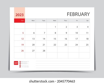 Monthly calendar template for 2023 year, February design, Planner, Desk calendar 2023 design, Week Starts on Sunday, Wall calendar design in a minimalist style, printing media, vector eps10