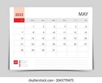 Monthly calendar template for 2023 year, May design, Planner, Desk calendar 2023 design, Week Starts on Sunday, Wall calendar design in a minimalist style, printing media, vector eps10
