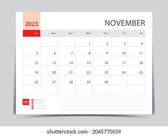 Monthly calendar template for 2023 year, November design, Planner, Desk calendar 2023 design, Week Starts on Sunday, Wall calendar design in a minimalist style, printing media, vector eps10