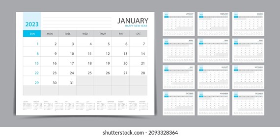 Monthly calendar template for 2023 year. Week Starts on Sunday. Wall calendar 2023 in a minimalist style. Set of 12 months. Desk calendar 2023. Planner. printing template. office organizer. vector