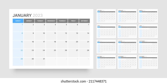 Monthly calendar template for 2023 year. Week Starts on Sunday. Wall calendar in a minimalist style. svg