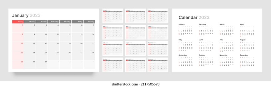 Monthly calendar template for 2023 year. Week Starts on Sunday. Wall calendar in a minimalist style.