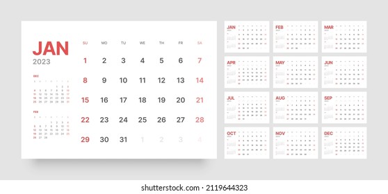 Monthly calendar template for 2023 year. Week Starts on Sunday. Wall calendar in a minimalist style.