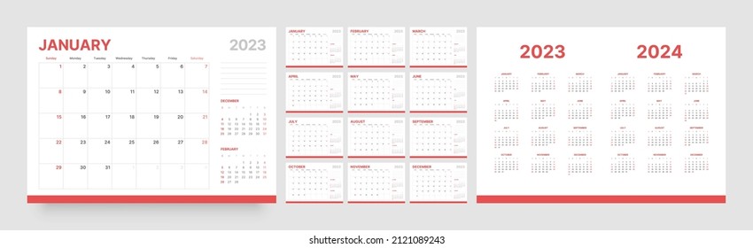Modelo de calendario mensual para 2023 año. La semana empieza el domingo. Calendario de pared de estilo minimalista.