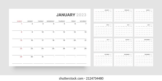 Monthly calendar template for 2023 year. Week Starts on Sunday. Wall calendar in a minimalist style. svg