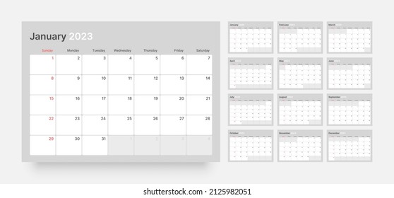 Monthly calendar template for 2023 year. Week Starts on Sunday. Wall calendar in a minimalist style.