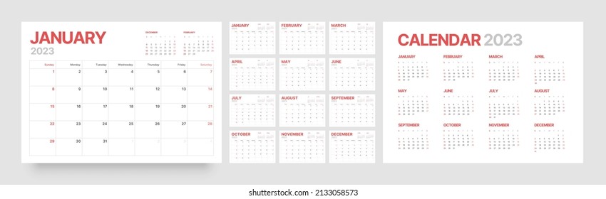 Monthly calendar template for 2023 year. Wall calendar in a minimalist style. Week Starts on Sunday.