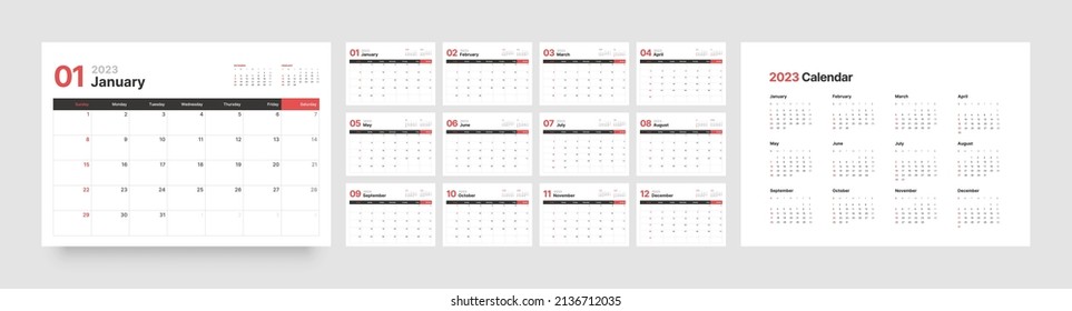 Monthly calendar template for 2023 year. Wall calendar in a minimalist style. Week Starts on Sunday.