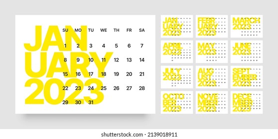 Monthly calendar template for 2023 year. Wall calendar in a minimalist style. Week Starts on Sunday. svg