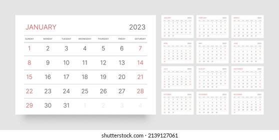 Monthly calendar template for 2023 year. Wall calendar in a minimalist style. Week Starts on Sunday.