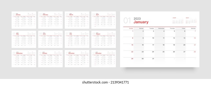 Monthly calendar template for 2023 year. Wall calendar in a minimalist style. Week Starts on Sunday.