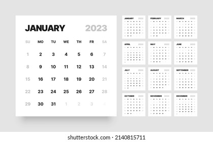 Monthly calendar template for 2023 year. Desktop calendar in the style of minimalist square shape. Week Starts on Sunday. 