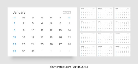 Monthly calendar template for 2023 year. Wall calendar in a minimalist style. Week Starts on Sunday.