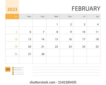 Monthly calendar template for 2023 year, February design, Planner, Desk calendar 2023 design, Week Starts on Sunday, Wall calendar 2023 design in a minimalist style, printing media, vector eps10