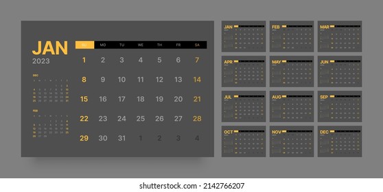 Monthly calendar template for 2023 year. Wall calendar in a minimalist style. In dark colors. Week Starts on Sunday. 