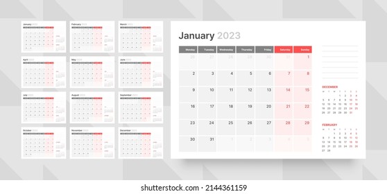 Monthly calendar template for 2023 year. Week Starts on Monday. Wall calendar in a minimalist style.  svg