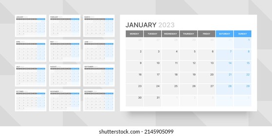 Monthly calendar template for 2023 year. Week Starts on Monday. Wall calendar in a minimalist style. 