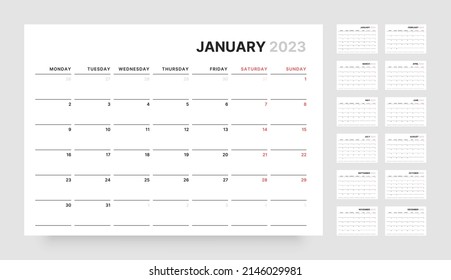 Modelo de calendario mensual para 2023 año. La semana empieza el lunes. Planificador de pared de estilo minimalista. 