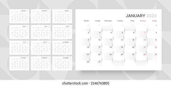 Monthly calendar template for 2023 year. Planner diary with 3d paper background. Week Starts on Monday. Wall calendar in a minimalist style. svg