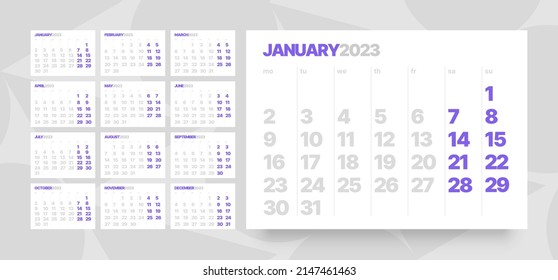 Monthly calendar template for 2023 year. Week Starts on Monday. Desk calendar in a minimalist style. 