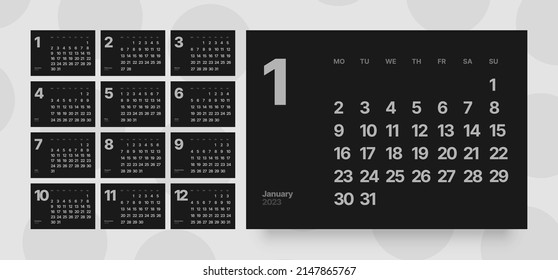 Monthly calendar template for 2023 year. Week Starts on Monday. Desk calendar in dark color. 